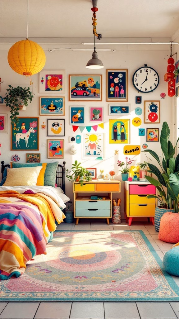 Bright and colorful bedroom with playful artwork and vibrant decor