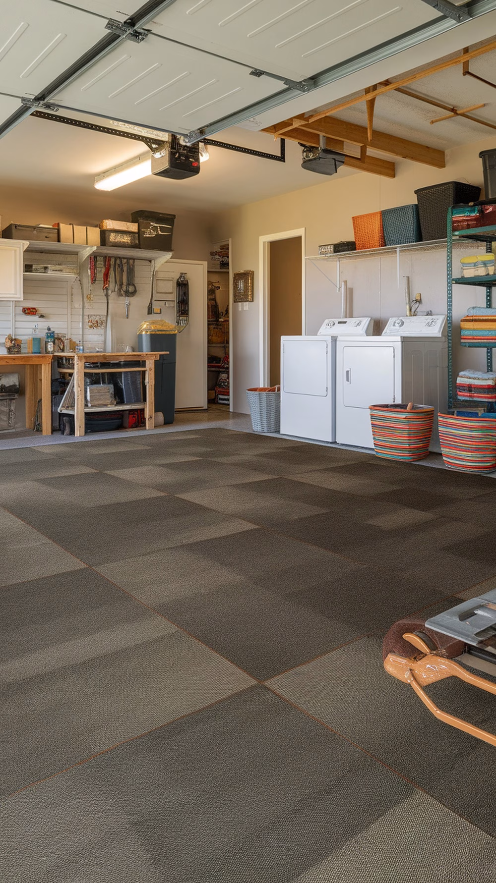 A well-organized garage laundry room with carpet tiles, laundry machines, and shelving