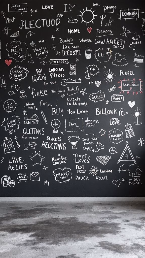 A chalkboard wall filled with doodles, phrases, and drawings, creating an interactive space.