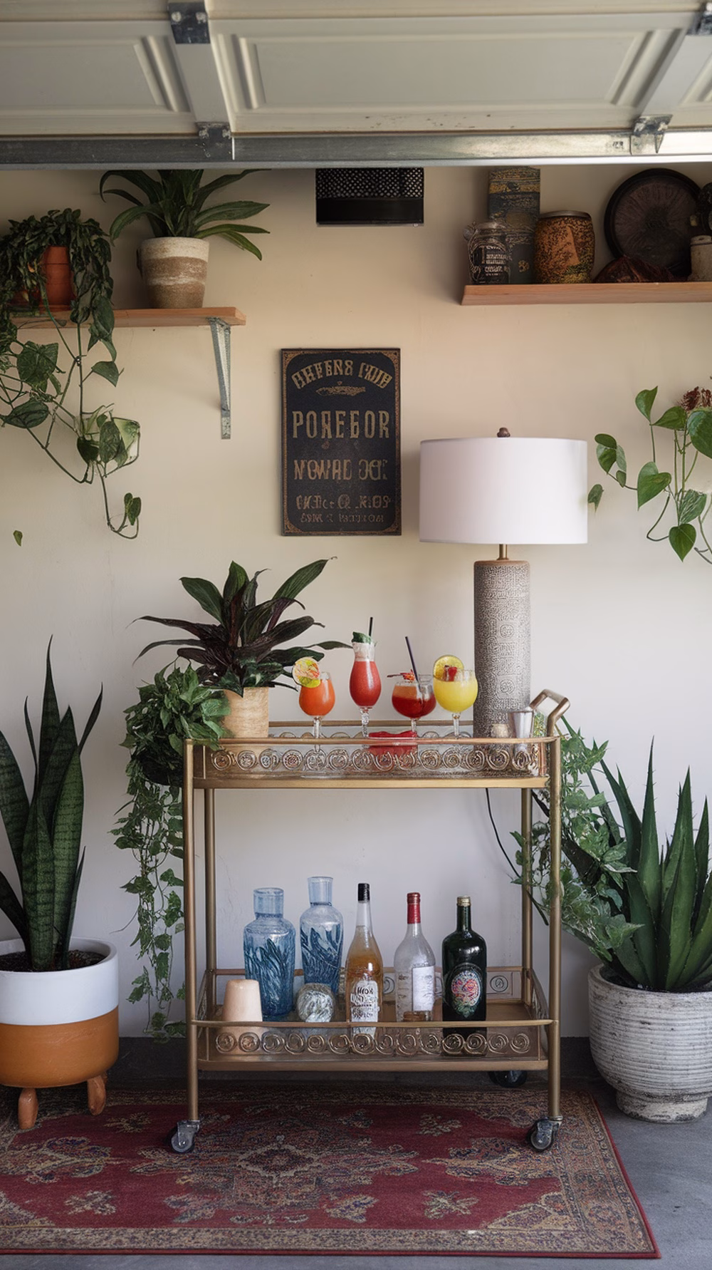 A chic bar cart setup in a garage with colorful cocktails, plants, and decorative items