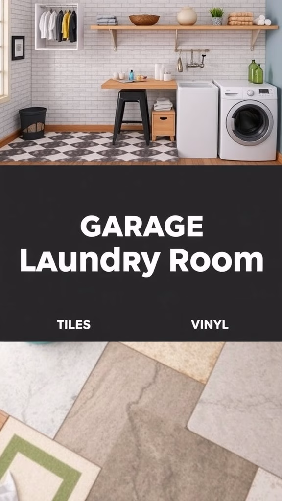 A selection of durable flooring options for a garage laundry room, featuring various textures and colors.