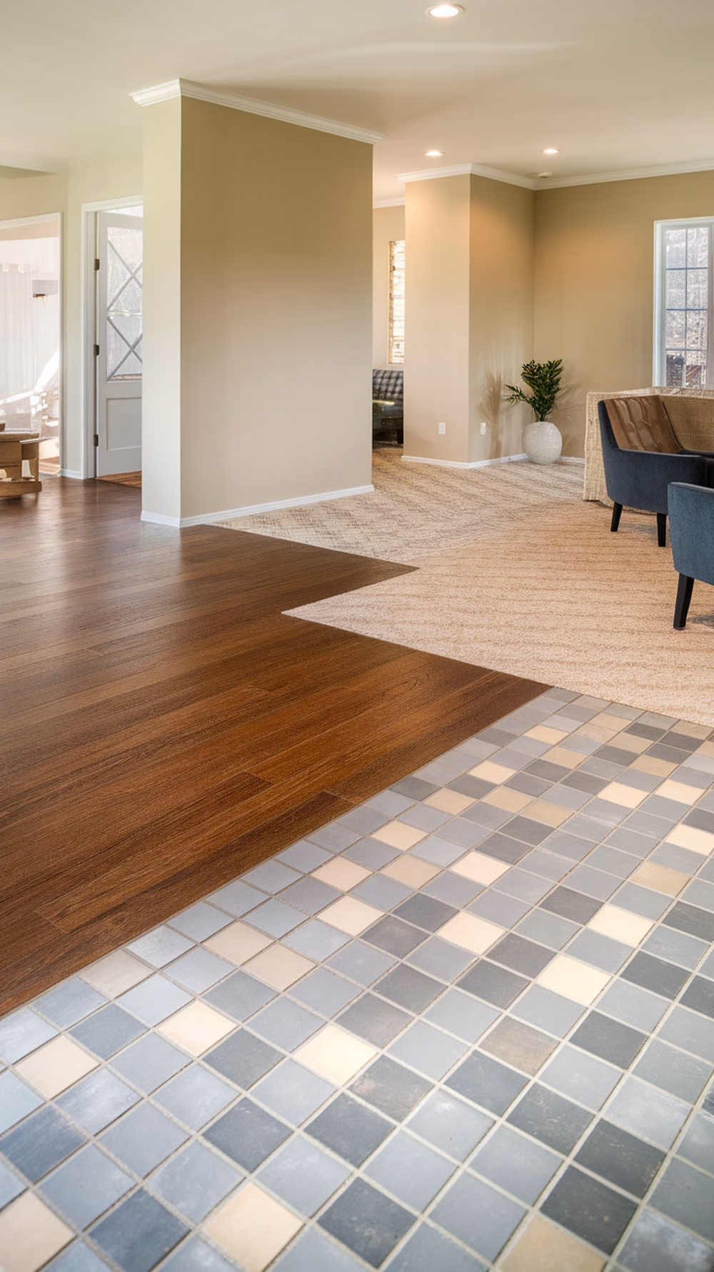 A modern interior showcasing a mix of wood and tile flooring.