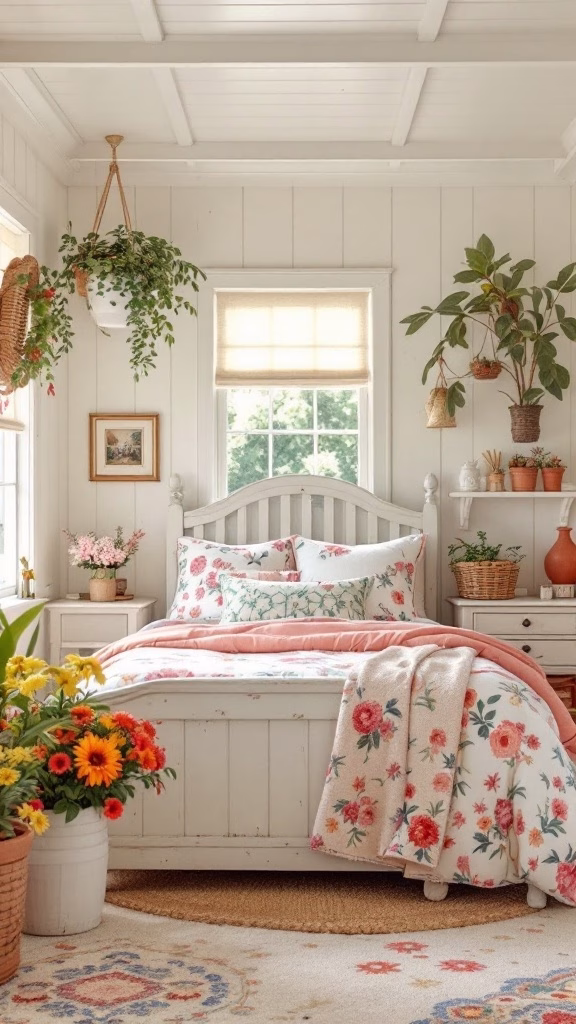 A charming bedroom with floral bedding, hanging plants, and cozy decor.