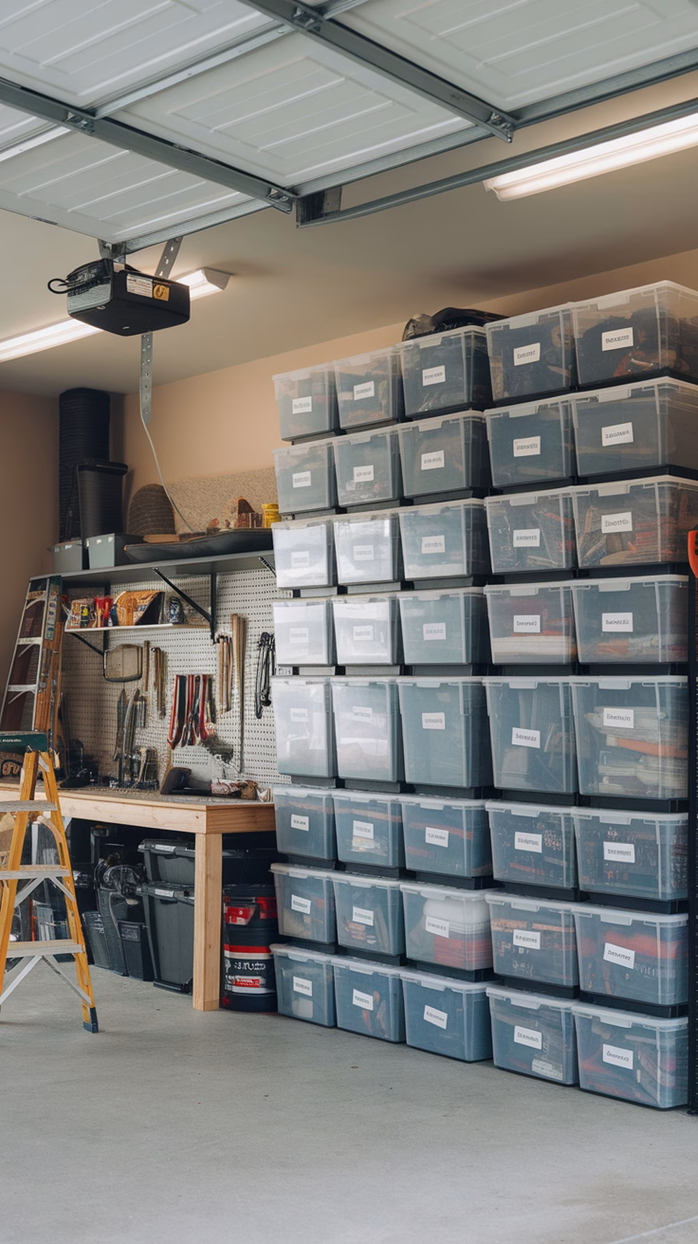 A garage with clear storage bins stacked neatly, organized workspace with tools visible.