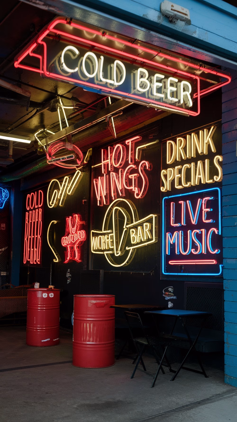 A vibrant display of neon signs in a garage bar setting, featuring phrases like 'COLD BEER', 'HOT WINGS', and 'LIVE MUSIC'.