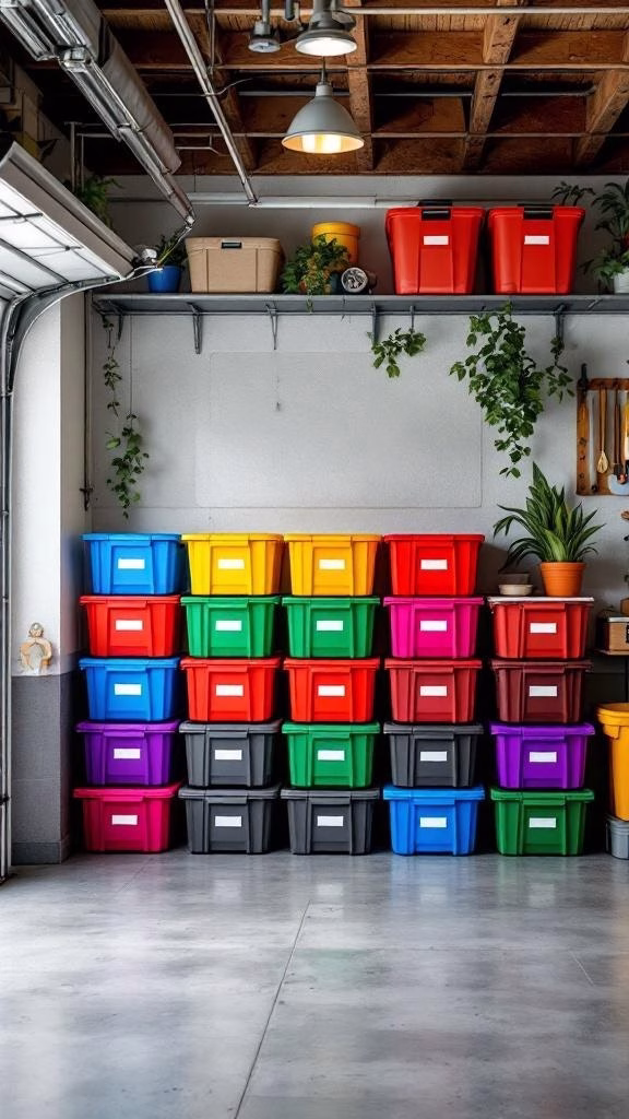 Colorful storage bins arranged neatly in a garage setting