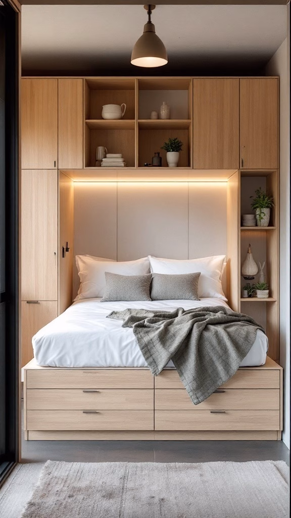 A compact bedroom in a garage conversion featuring a bed with storage drawers, overhead cabinets, and warm lighting.
