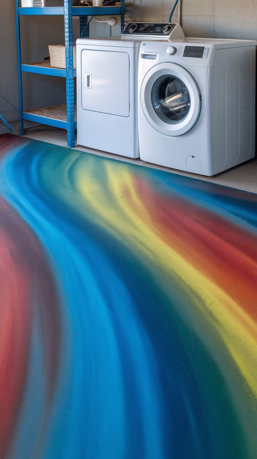 A colorful stained concrete floor in a garage laundry room with a white washer and dryer.