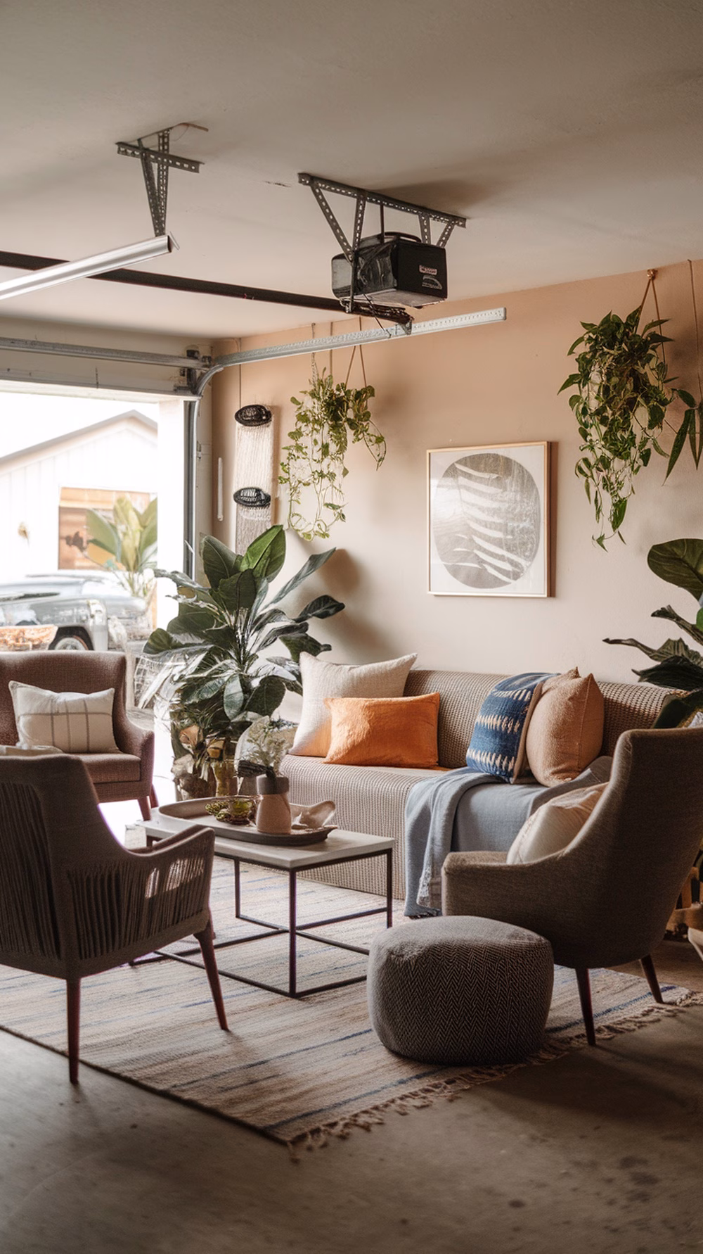 A cozy lounge area in a garage featuring comfortable seating, plants, and a warm color palette