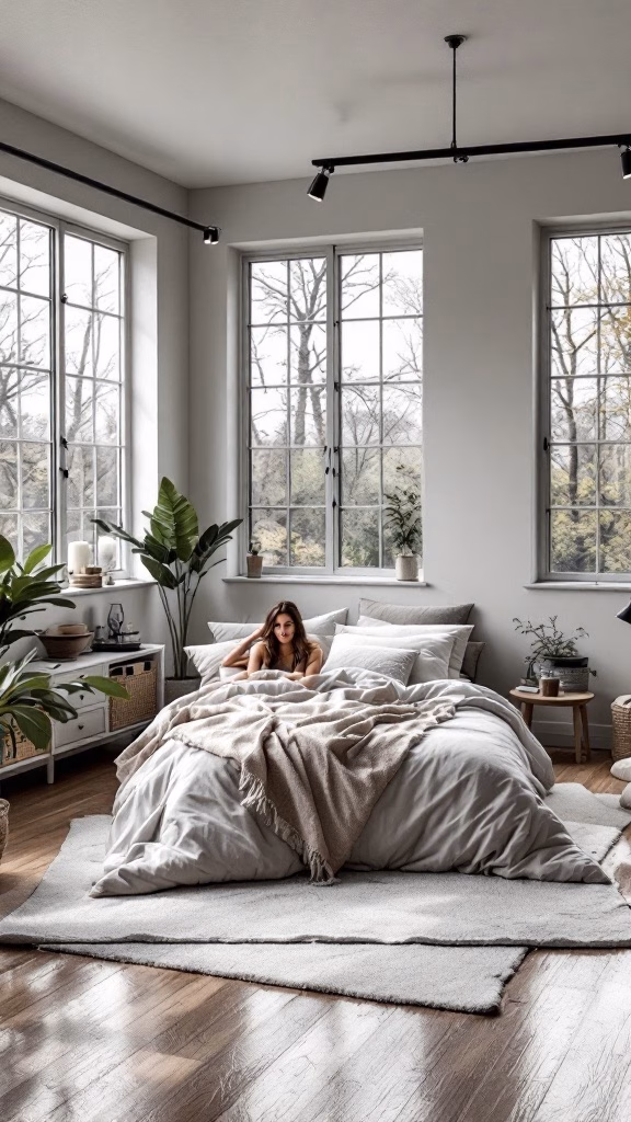 A cozy bedroom in a garage with large windows, a big bed, and plants, showcasing natural light.