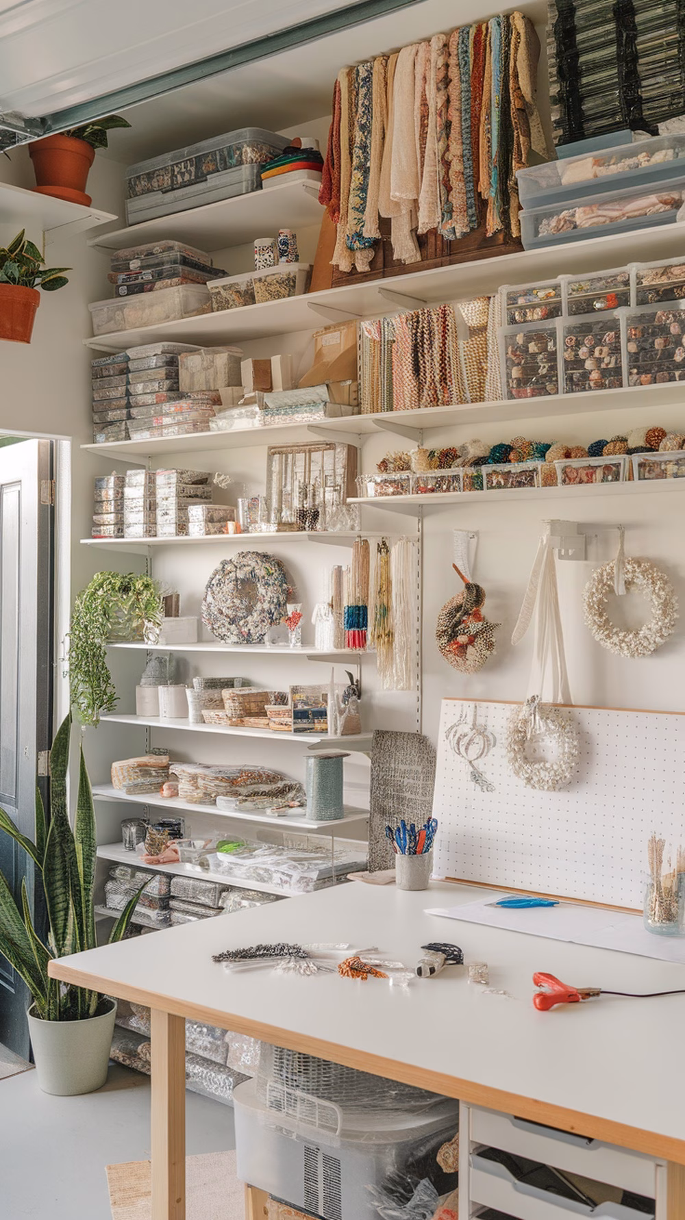 A well-organized crafting space with shelves holding various supplies and a workspace table.