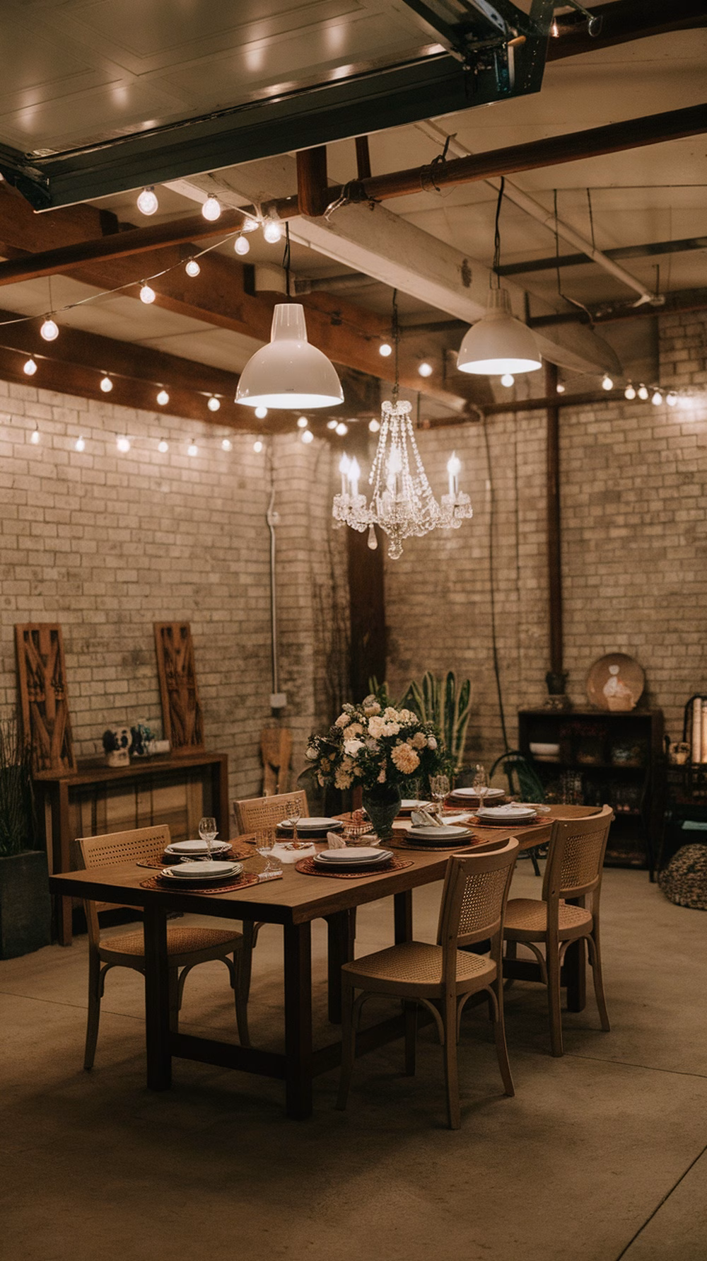 Cozy dining room setup in a garage with various lighting options.