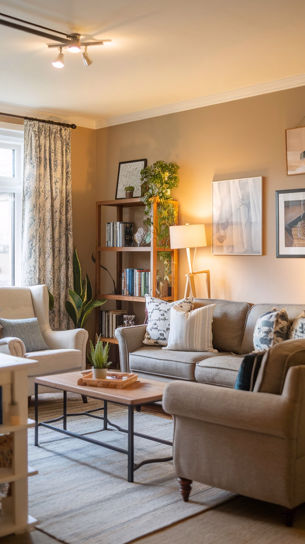 Cozy living room setup with soft seating, warm lighting, and plants.