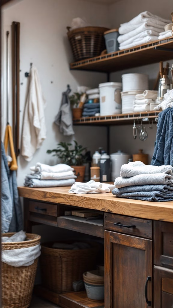 A well-organized laundry station in a garage featuring a folding table, neatly stacked towels, and storage baskets.