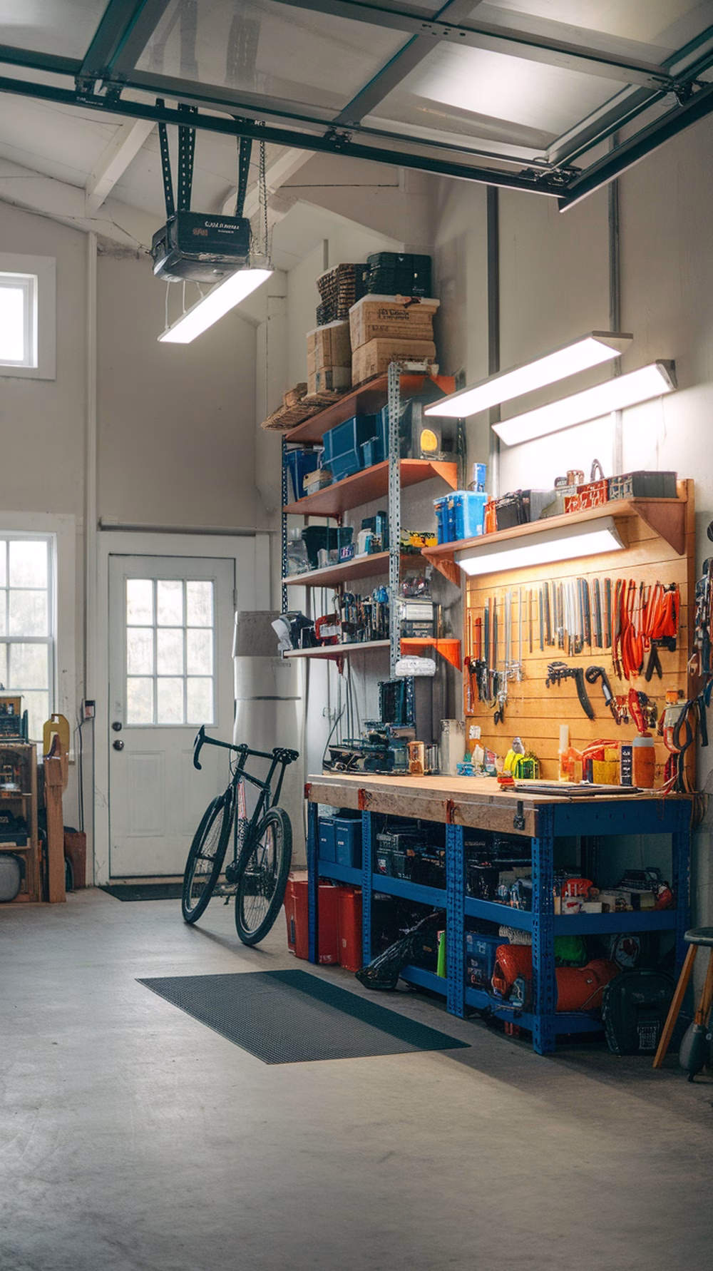 A well-organized garage workshop with tools, storage, and a bike.