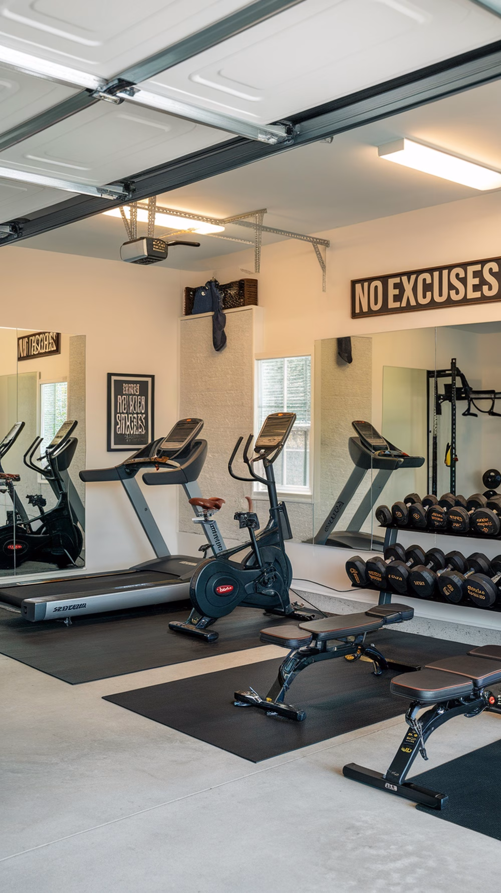 Home gym setup in a garage with a treadmill, elliptical, weights, and motivational wall art.