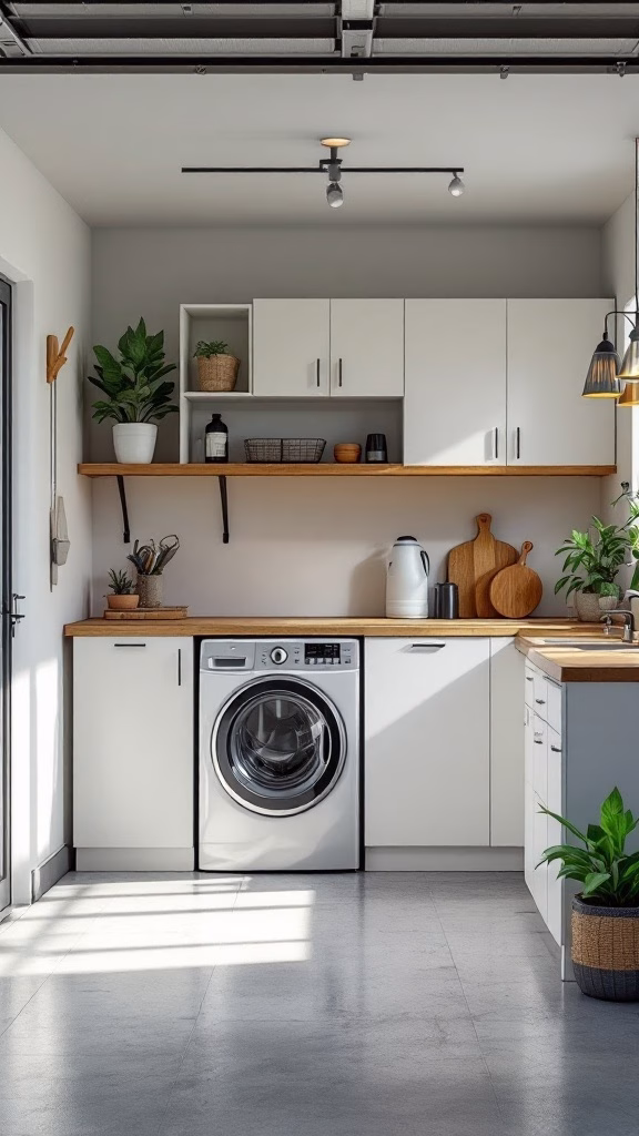A modern laundry room in a garage featuring a washing machine, wooden countertops, and organized shelves.