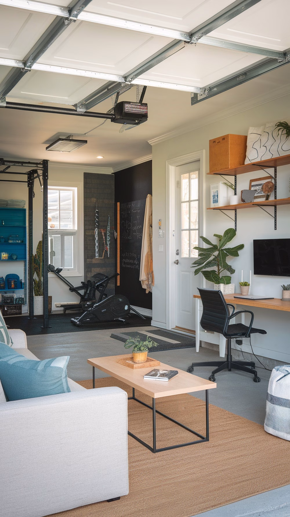 A versatile garage space designed for living, working, and exercising.