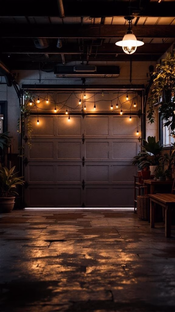 A cozy garage with string lights and a pendant light, creating a warm atmosphere