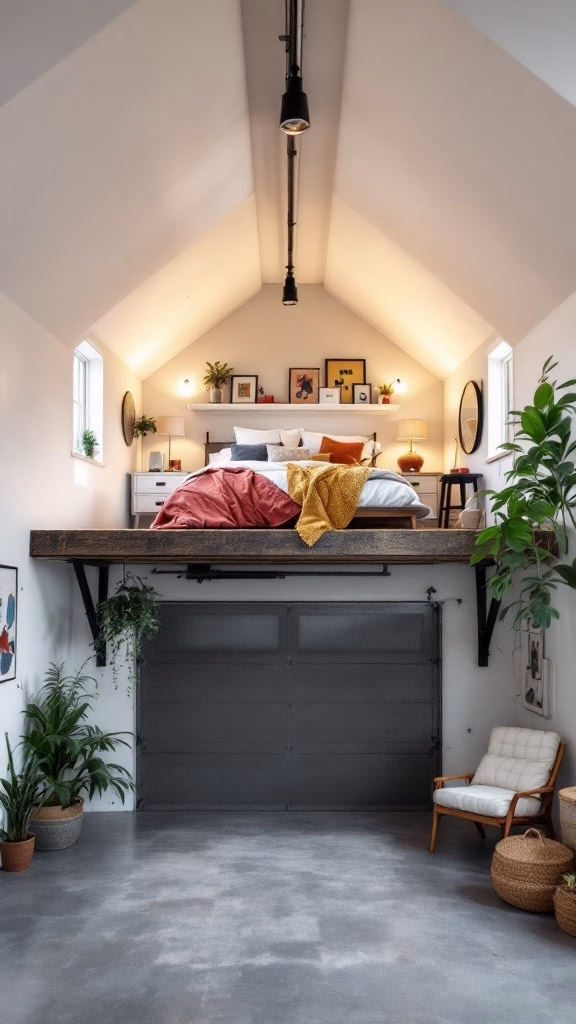 A creative loft bedroom in a transformed garage, featuring an elevated bed, bright decor, and plants.