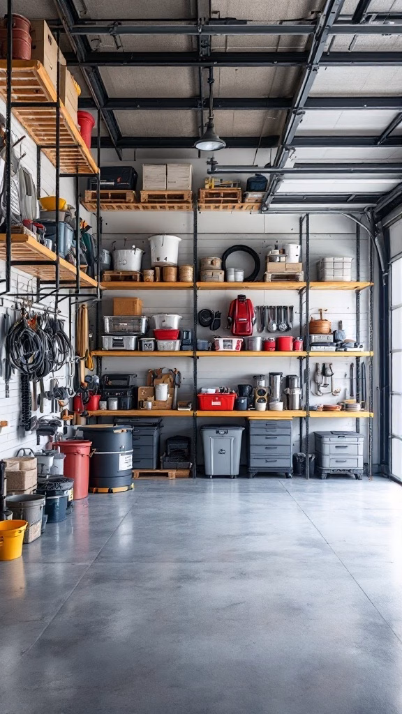 A well-organized garage with shelves and tools neatly arranged vertically.