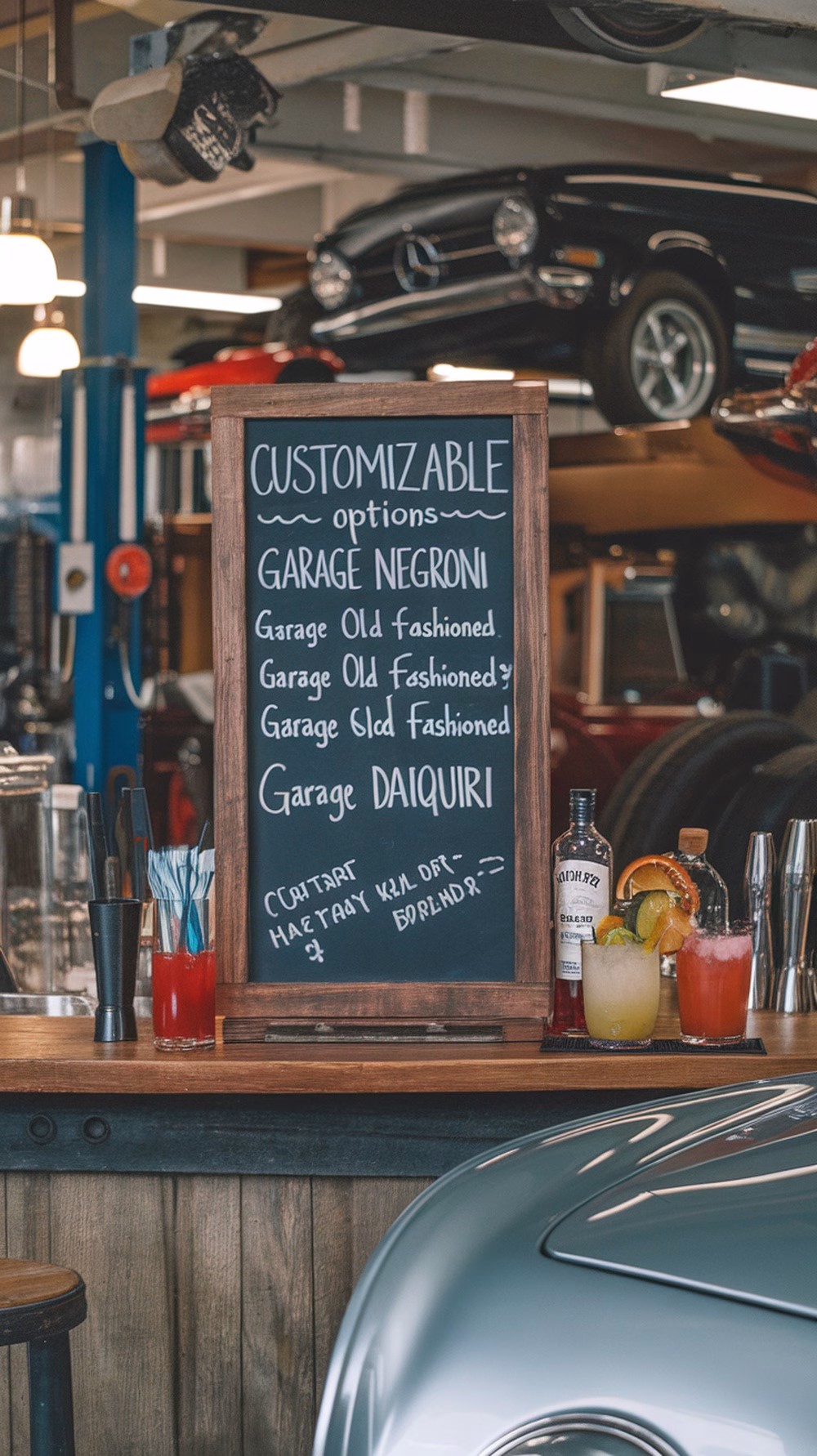 Chalkboard drink menu with customizable options in a garage bar setting.