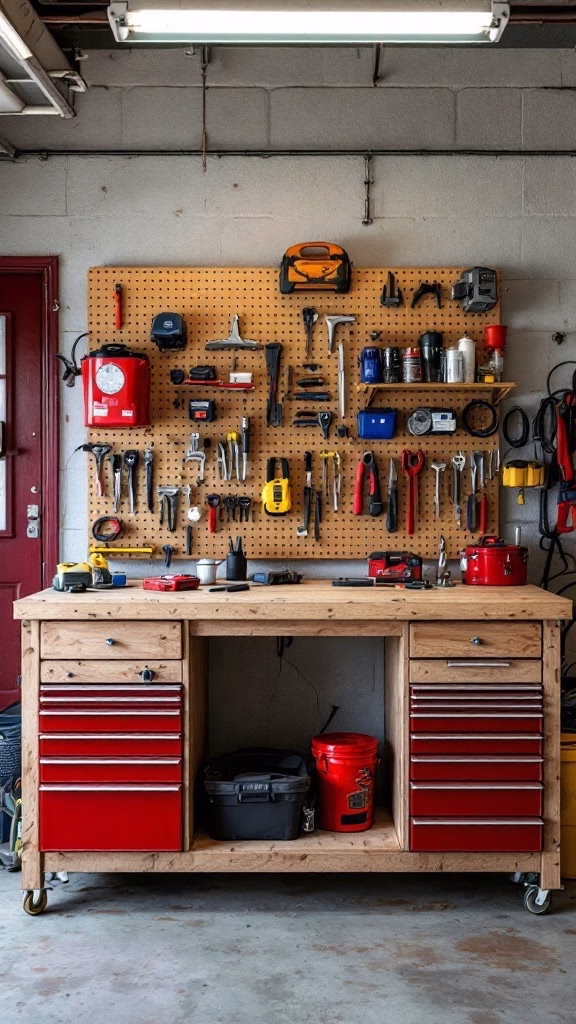 A wooden workbench with red drawers and a pegboard wall filled with various tools.