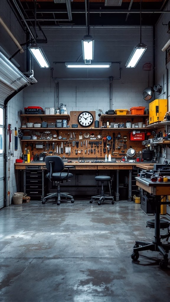 An organized mechanic garage with a workbench, tools, and bright lighting.