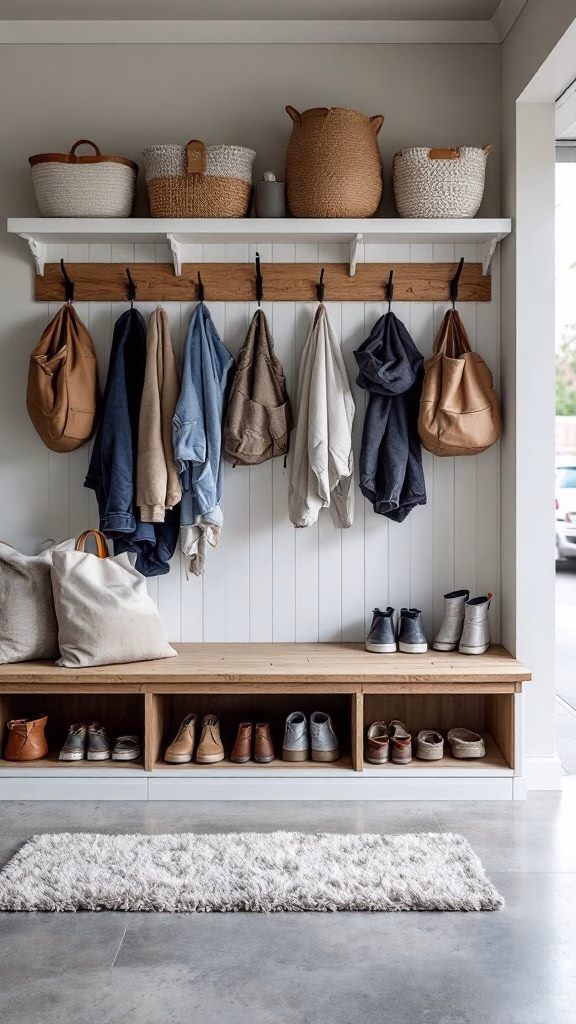 Mud area with hooks for coats, baskets on a shelf, a wooden bench with shoe storage, and a soft rug.