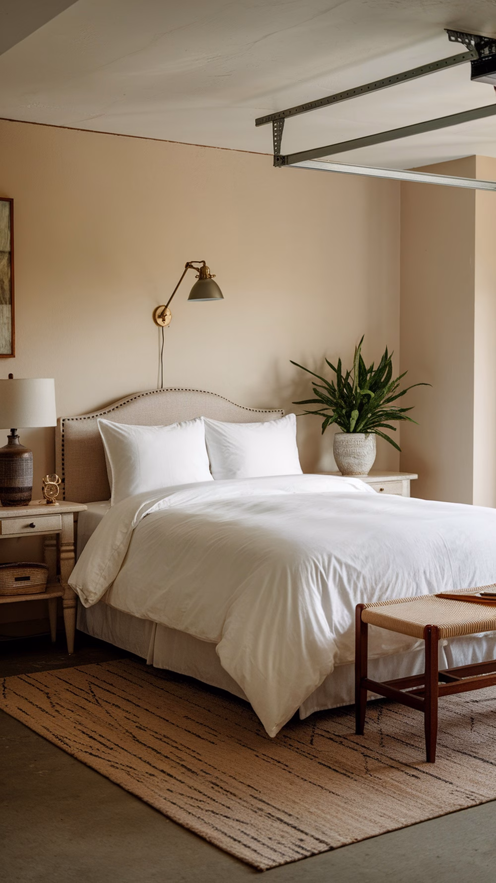 A cozy guest suite in a garage with a bed, bedside table, lamp, and plant.