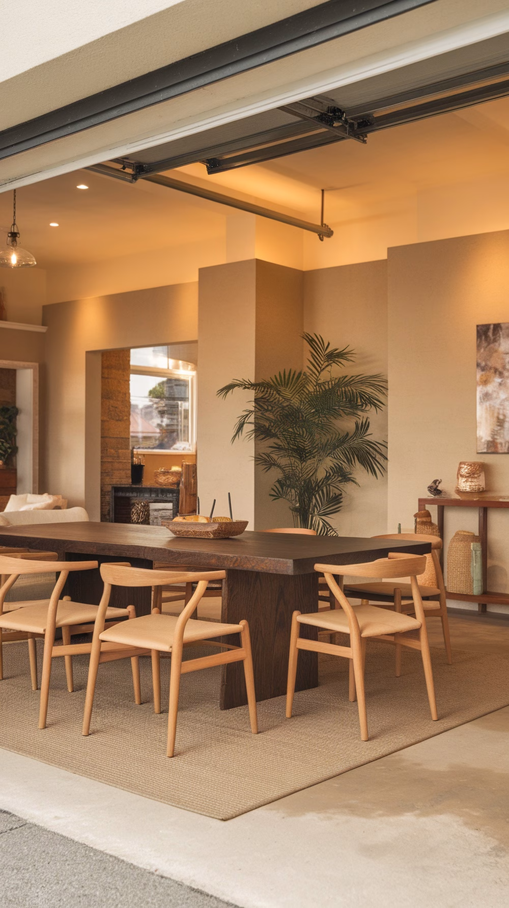 A stylish open-concept dining room conversion from a garage, featuring a large wooden table, light-colored chairs, and plants.