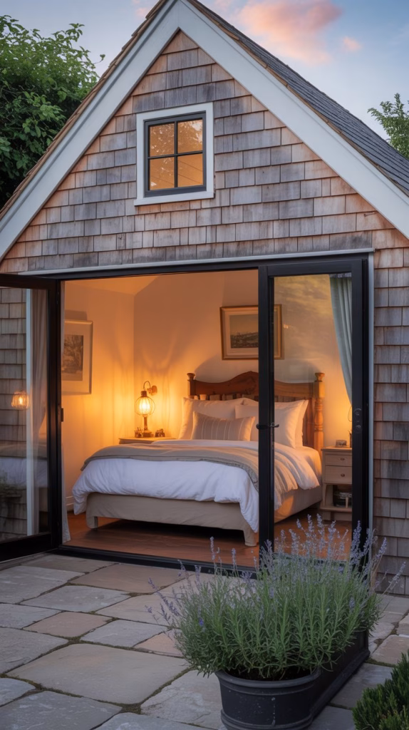 A photograph of a converted detached garage showcasing a cozy guest suite. The exterior boasts a welcoming cedar shake siding and a large window revealing a warm interior glow. Inside, the suite features a comfortable queen-sized bed with soft linen bedding and a rustic wooden headboard, positioned under the window overlooking a charming stone patio with potted lavender. Soft, ambient lighting from a vintage-style lamp illuminates the space, creating a tranquil and inviting atmosphere.