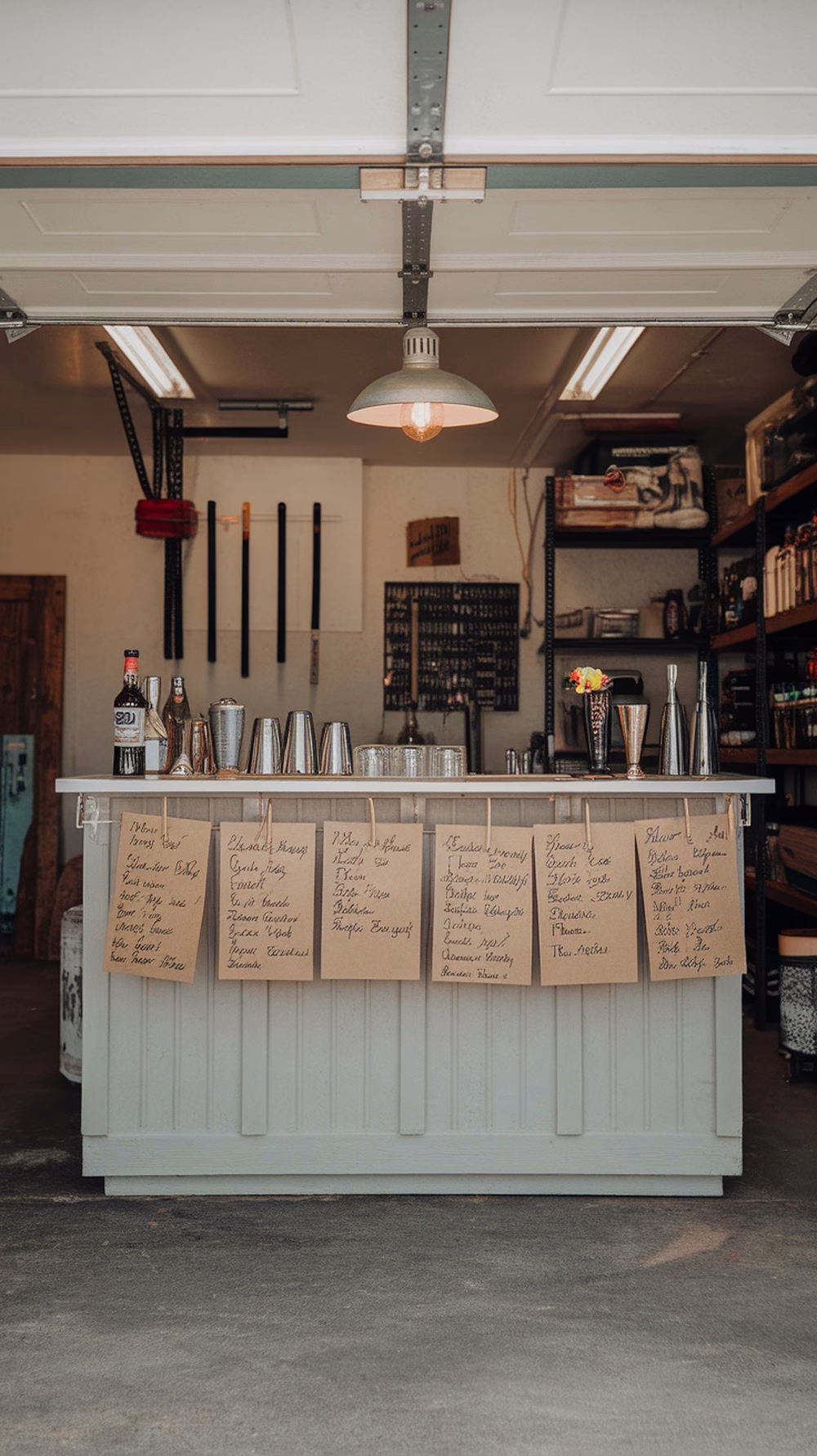 A garage bar setup with a variety of cocktail tools and drink recipe cards hanging from the bar.