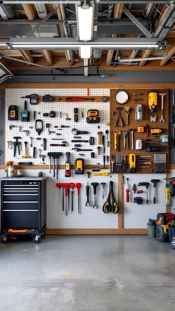 A well-organized garage wall with tools on pegboards and a rolling tool chest