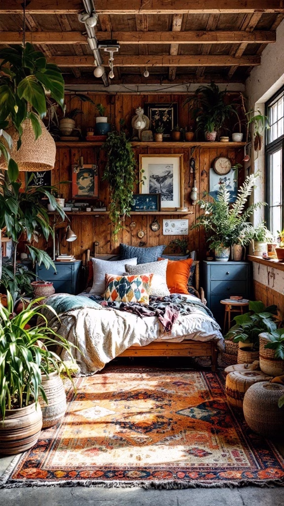 A cozy bohemian-style bedroom with wooden walls, a bed with colorful pillows, and plenty of indoor plants.