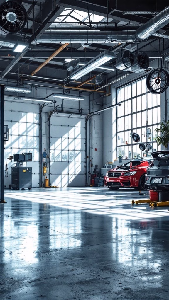 A well-lit mechanic garage with large windows and ceiling lights, featuring fans for ventilation.
