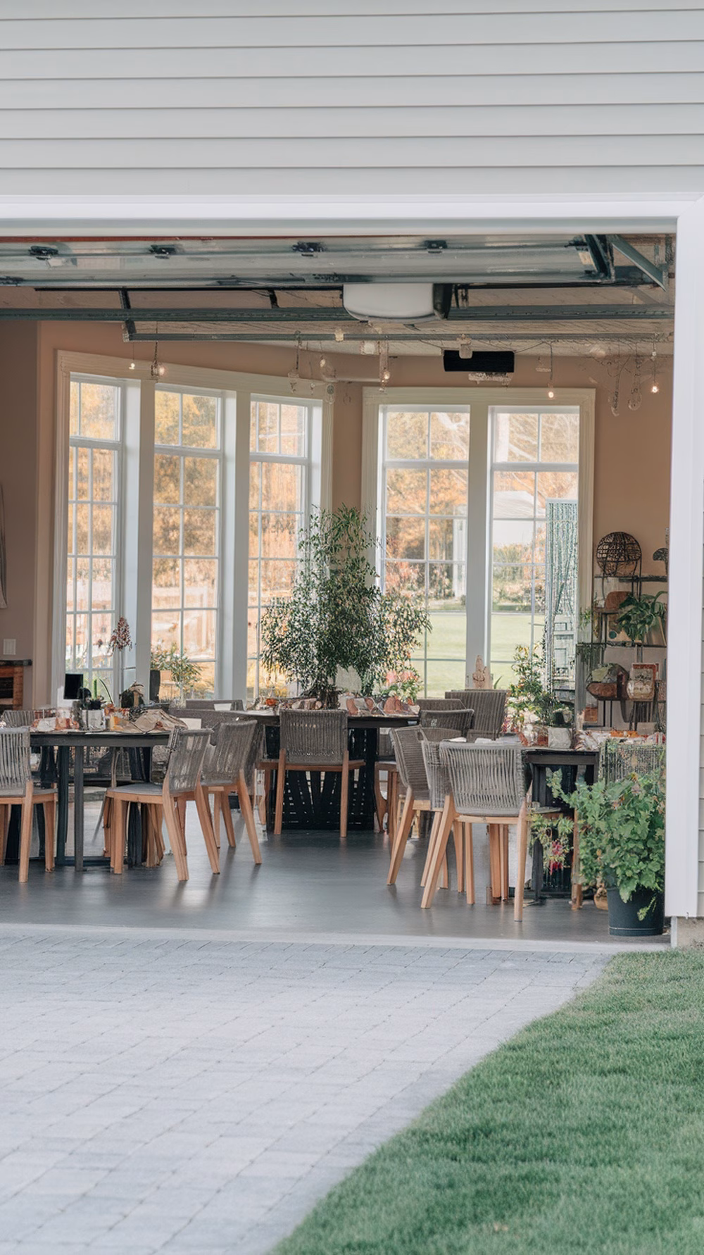 A spacious garage converted into a bright dining room with large windows and wooden tables