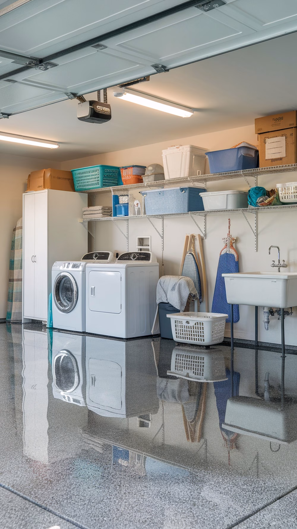 A modern garage laundry room with shiny epoxy-coated floor, washing machine, dryer, and organized shelves.