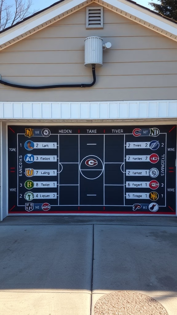 A garage door painted with a fantasy sports league board, featuring player positions and names.