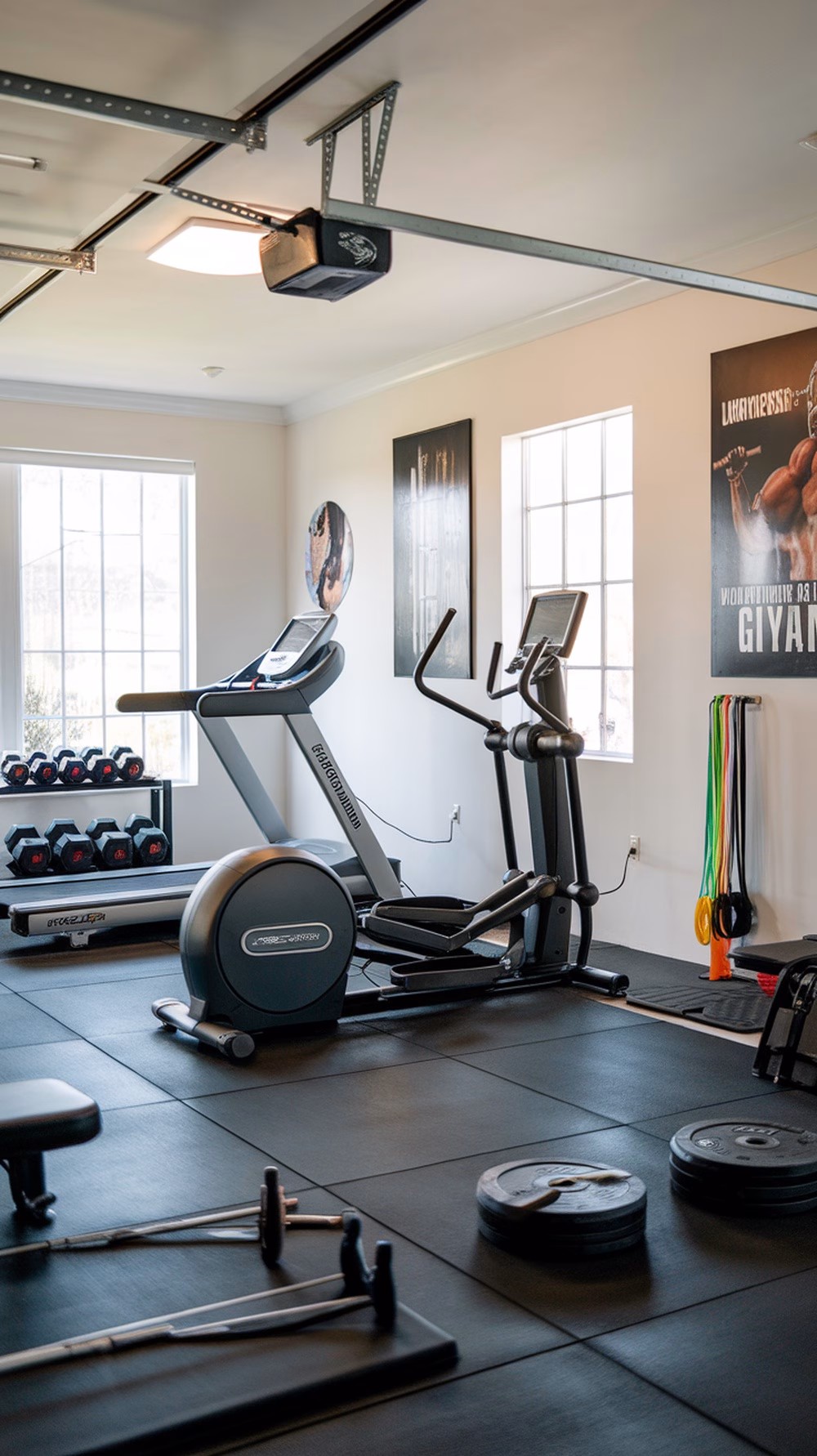 A well-equipped home gym in a converted garage featuring exercise equipment like a treadmill, elliptical, and weights.