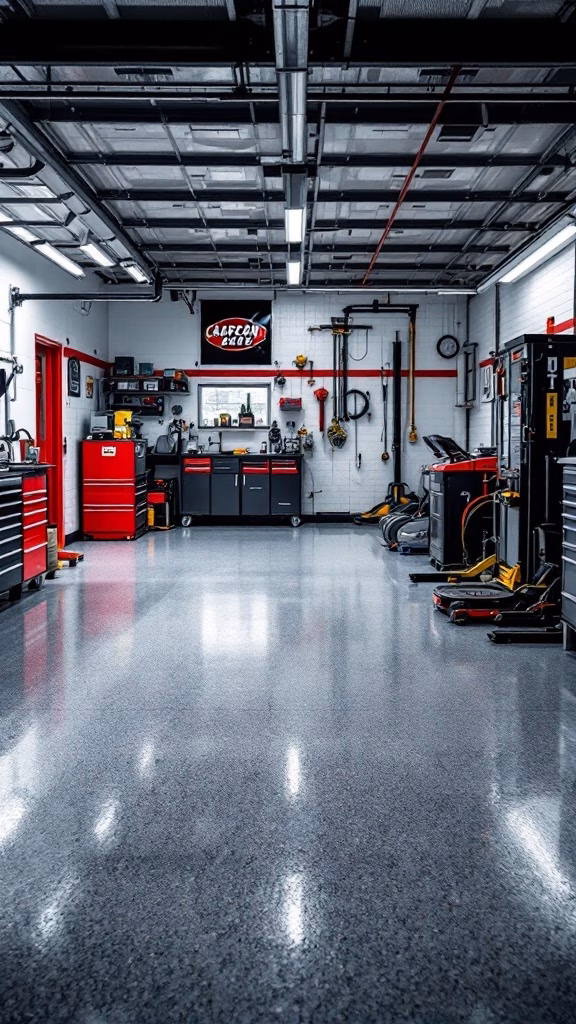 A modern mechanic garage with shiny flooring, tool storage, and a well-organized workspace.