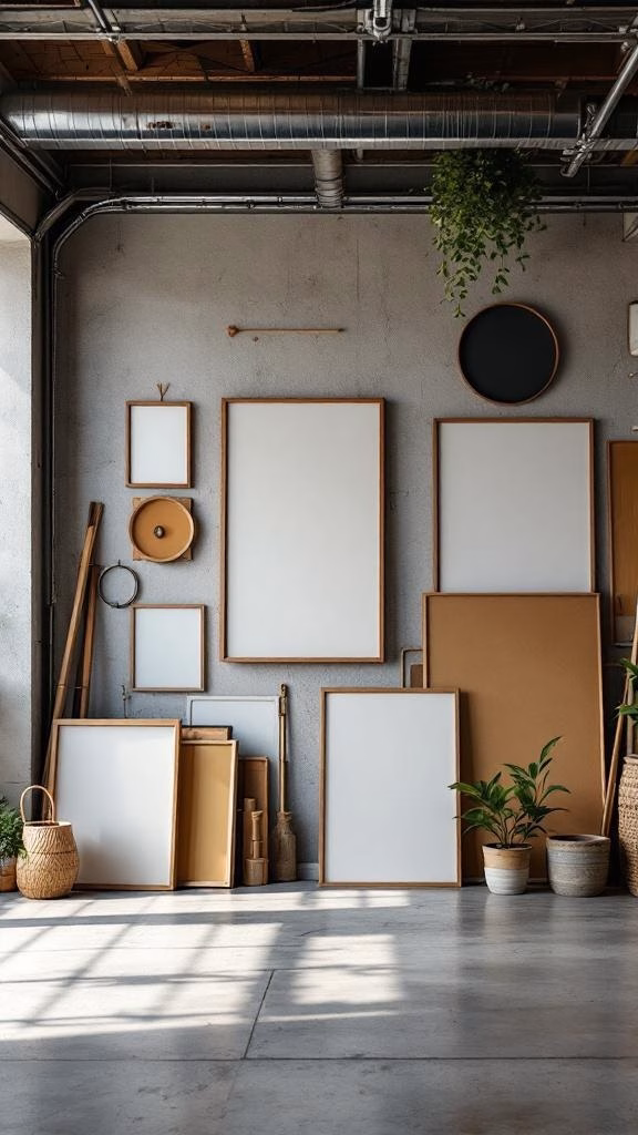 A collection of empty frames in various sizes and styles arranged on a garage wall, with some potted plants adding greenery.
