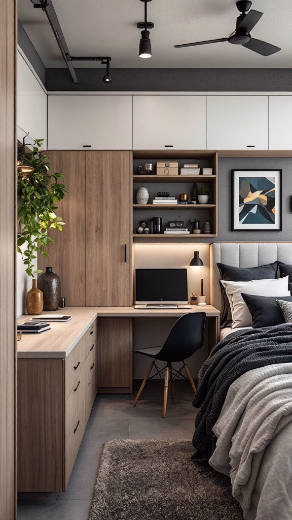 A stylish garage converted into a bedroom and office, featuring a cozy bed, a modern desk with a computer, and light wood cabinetry.
