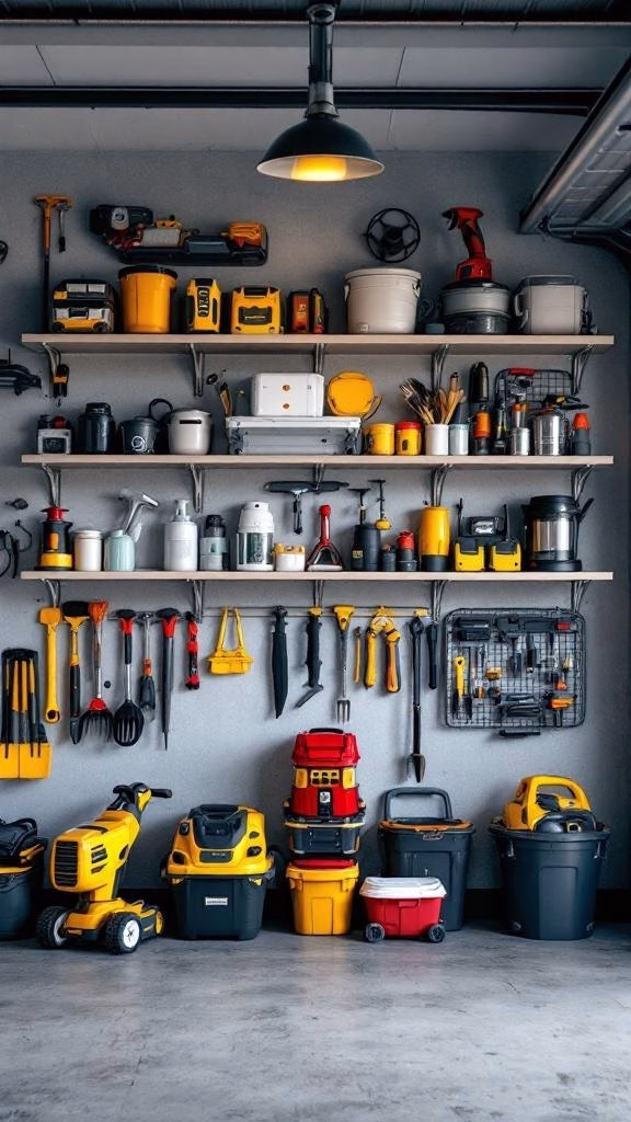 Well-organized garage wall with functional wooden shelves displaying tools and containers.