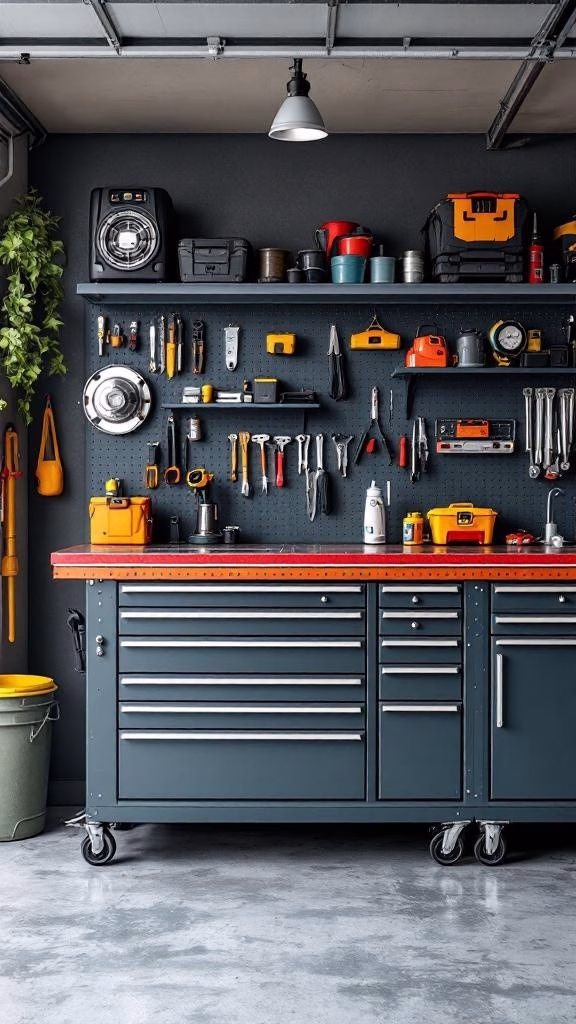 A stylish garage workbench with organized tools on a pegboard and a dark wall.