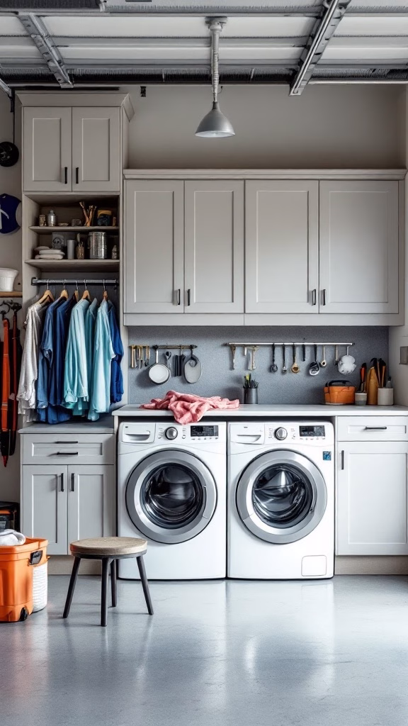 A modern laundry room with white cabinets and organized storage in a garage setting.