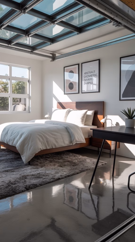 A photograph of a modern garage bedroom conversion showcasing a minimalist design. The room features a queen-sized bed with crisp white linens and a dark wood headboard centered against a large window. Sunlight streams in, highlighting a gallery wall adorned with framed prints of "abstract geometric shapes" and a sleek black desk with a single potted succulent. The polished concrete floor is partially covered by a plush gray rug, creating a serene and inviting atmosphere.