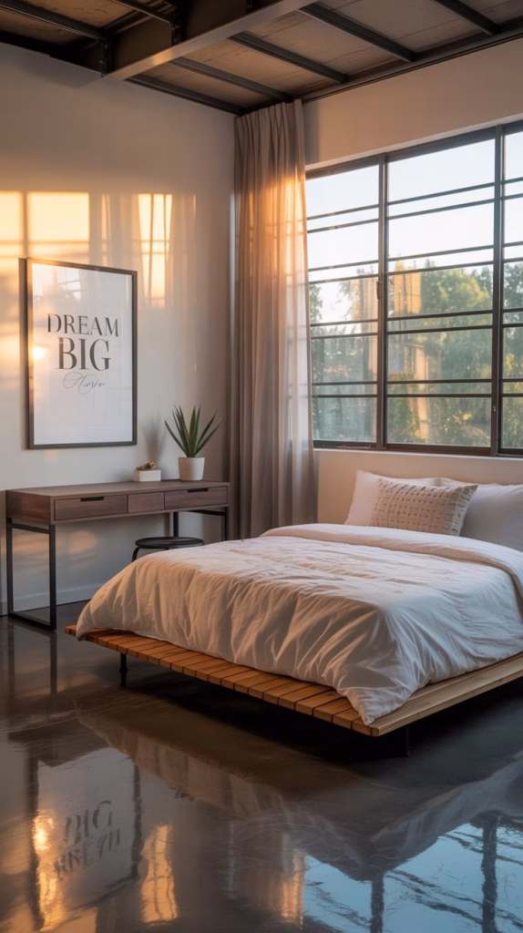 A photograph of a modern, converted garage bedroom bathed in natural light. The room's focal point is a minimalist platform bed with crisp white linen bedding and a single textured throw pillow, positioned beneath a large window with sheer curtains. A sleek, dark wood desk sits against one wall, holding a single potted succulent and a framed print with the text "dream big" in elegant lettering. Warm sunlight streams through the window, casting soft shadows across the polished concrete floor and highlighting the room’s clean, contemporary design.