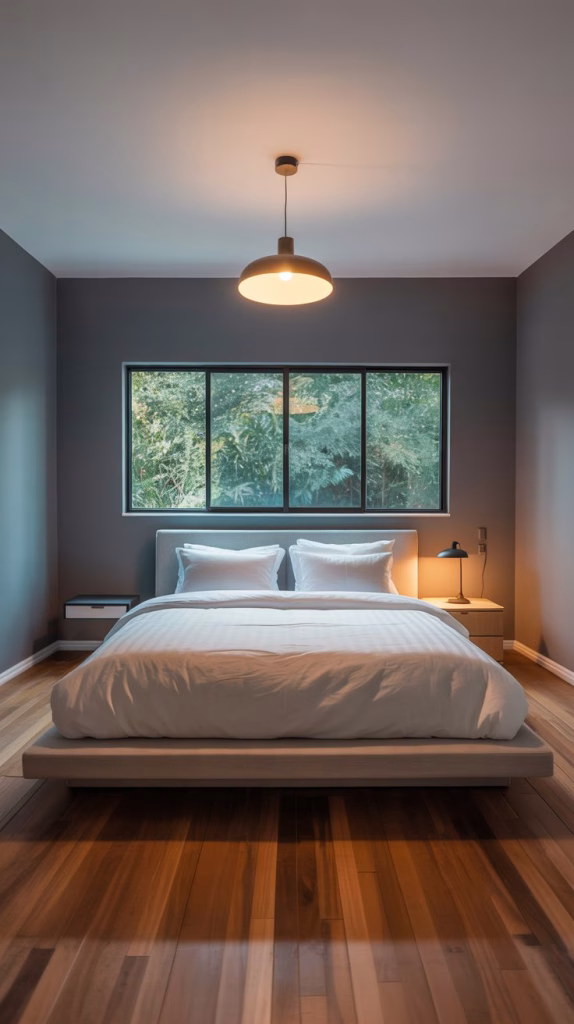 A photograph of a modern garage bedroom conversion featuring a sleek platform bed with crisp white linens. The bed is centered in the room, positioned beneath a large window that offers a view of lush greenery outside, and accented by a minimalist nightstand with a single lamp. The walls are painted a calming shade of gray, complemented by warm wooden flooring and a stylish pendant light fixture hanging from the ceiling, creating an inviting and tranquil atmosphere. Soft natural light streams through the window, illuminating the space and highlighting the clean lines and modern aesthetic of "The Loft".