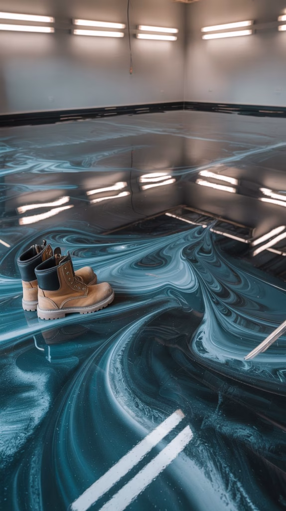 A photograph of a newly-sealed garage floor reflecting overhead fluorescent lights. The concrete is a glossy charcoal gray with intricate swirls of epoxy resin in shades of teal and silver. A single pair of work boots sits neatly in the foreground, subtly blurred, resting on the pristine surface. The walls are a light neutral color, hinting at organized storage shelves along the sides, creating a clean and modern aesthetic.